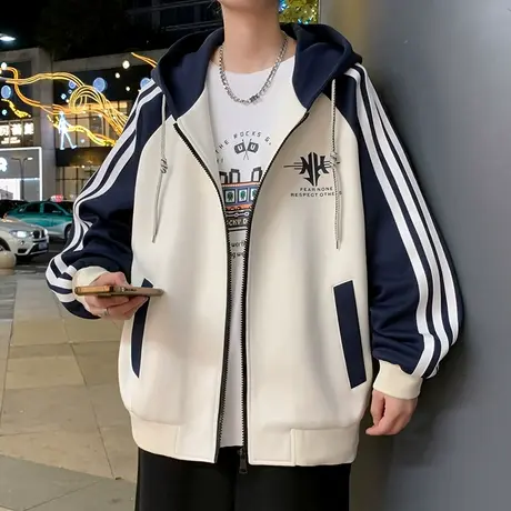 连帽外套男春秋款条纹拼接开衫卫衣男装潮牌上衣青少年运动夹克男商品大图
