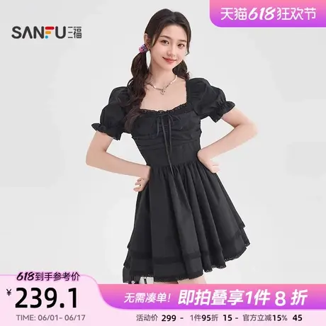 三福连衣裙2025新款夏季小个子大方得体方领收腰短裙子女装502321图片