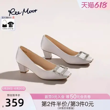 REEMOOR睿慕2025方头浅口搭扣平跟绸缎粗跟平底单鞋女春图片