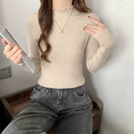 唐狮打底衫中领木耳边长袖内搭打底衫女新款春季白色拼接毛针织衫商品大图