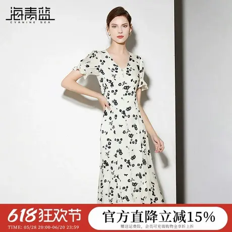 海青蓝 连衣裙夏女2025新款短袖简约时尚气质大方海边度假女装子图片