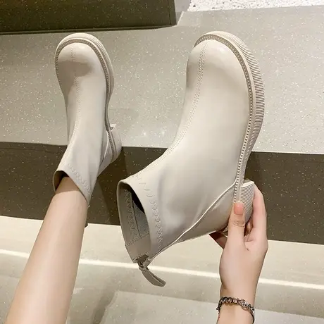 靴子女2021新款秋季百搭韩版瘦瘦靴小个子粗跟短靴英伦风马丁靴女图片