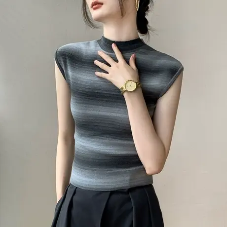 彩色条纹背心女秋季坎肩洋气减龄针织打底衫半高领无袖内搭上衣商品大图