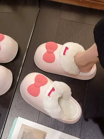 可爱蝴蝶结毛毛拖鞋女外穿少女心2023新款秋冬室内居家包头棉拖鞋图片