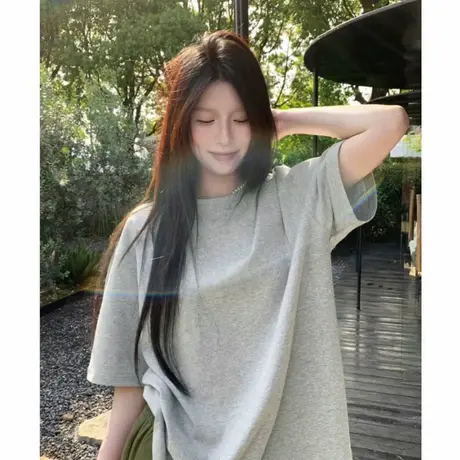 2025夏季新款韩系简约风灰色落肩t恤女短袖宽松显瘦纯色半袖上衣商品大图
