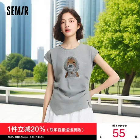 森马短袖T恤女短款连肩袖修身2025夏季新款蕾丝比格犬小狗上衣商品大图