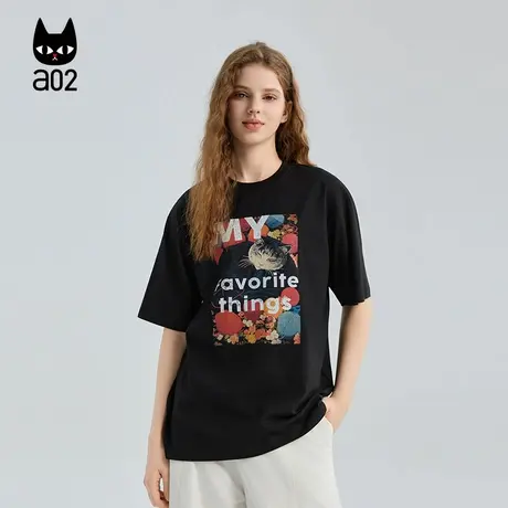 a02黑猫系列宽松圆领短袖T恤女2025新款秋季纯棉黑色上衣通勤穿搭图片