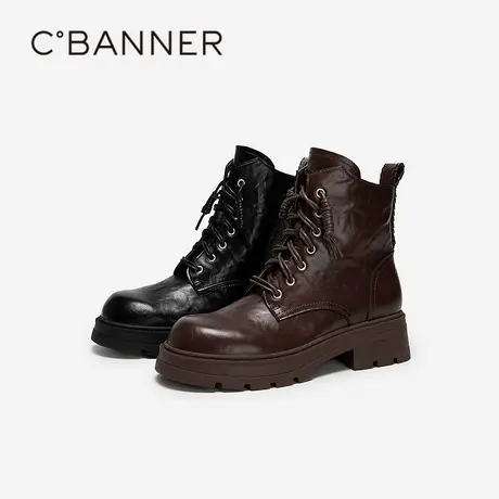 千百度手抓皮厚底马丁靴女2025冬季新款增高真皮美拉德洋气小短靴图片