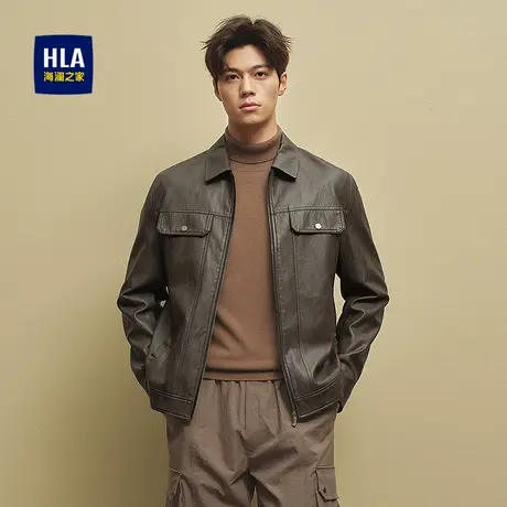 HLA/海澜之家老钱风PU皮夹克25秋新款商务防风保暖翻领柔软外套男图片