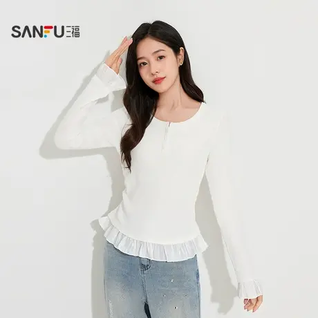 三福女秋季微宽松收褶纽扣花边单衣 休闲打底内搭长袖上衣504758商品大图