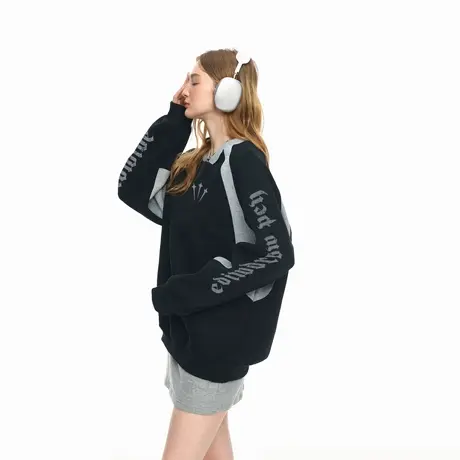美式简约撞色V领卫衣外套女春秋新款宽松oversize情侣款套头上衣商品大图