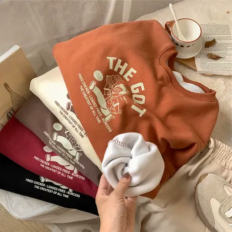 vintage加绒卫衣女2021年新款秋冬加厚韩版宽松学生百搭无帽上衣图片