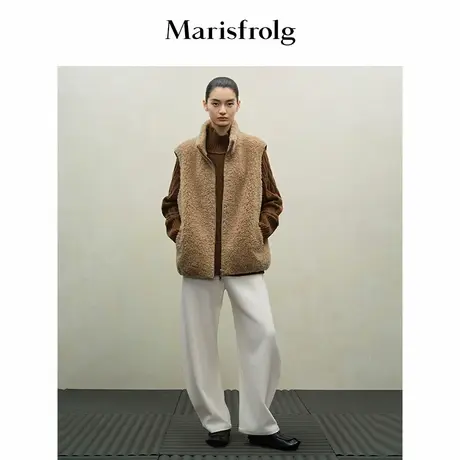 Marisfrolg玛丝菲尔2025冬新款卡其色时尚短款羊羔毛马甲图片