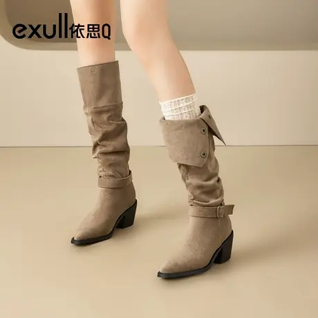 exull/依思Q2025秋冬堆堆靴女西部牛仔靴美拉德中高筒靴粗跟靴子图片
