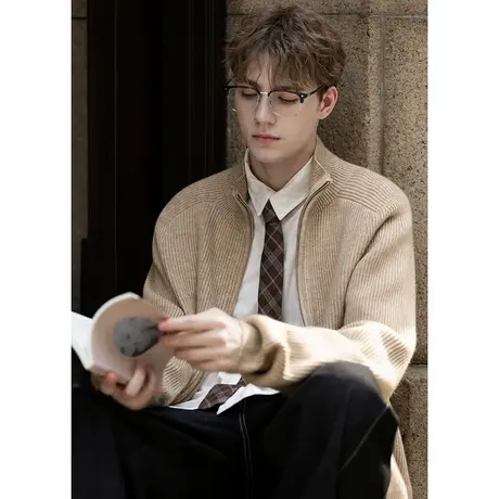 唐狮秋冬季毛衣外套男立领插竖条肌理开衫毛线衫高级感慵懒风TM图片