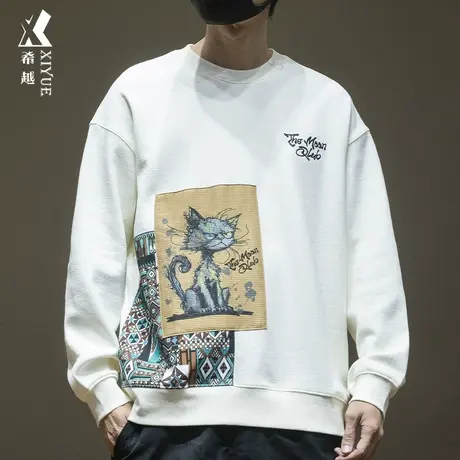 希越印花贴布拼接重磅卫衣男秋季国风宽松大码圆领无帽内搭打底衫商品大图