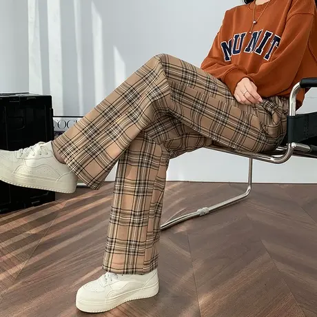 加绒格子裤女高腰显瘦2023秋冬新款窄版直筒宽松小个子休闲阔腿裤图片