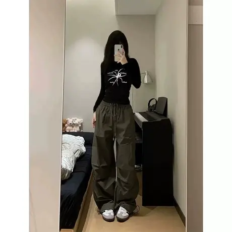 美式修身长袖t恤女春秋季2023新款黑色正肩短款甜辣妹打底衫上衣商品大图