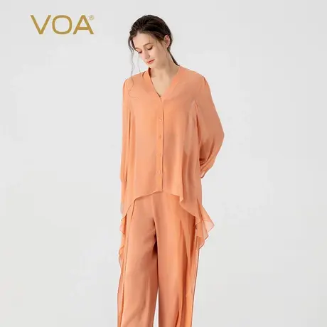 VOA桑蚕丝乔其淡粉色V领衬衫袖单排多扣尖角下摆百搭真丝衬衫外套图片