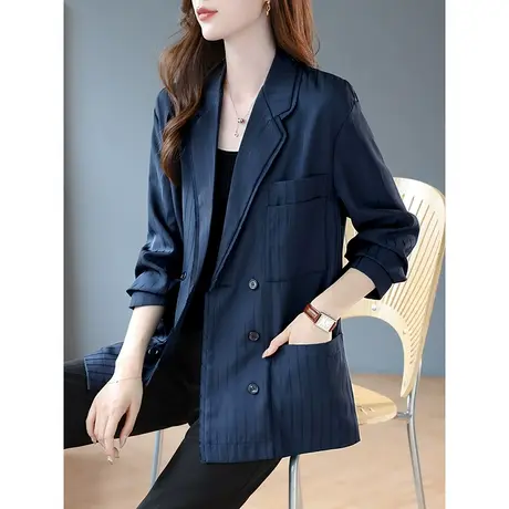 宝诗黎双排扣休闲条纹西装外套女2023年秋季新款宽松通勤西服上衣商品大图