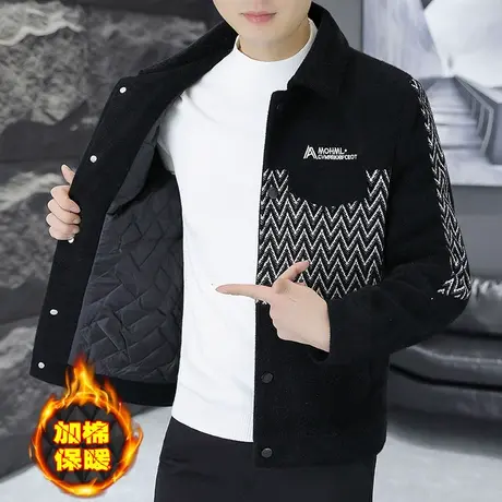 男士痞帅加棉外套冬季加厚翻领夹克金貂绒呢子男装休闲毛呢大衣潮商品大图