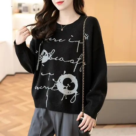 2023秋冬新款韩版宽松圆领针织衫毛衣女涂鸦印花长袖打底衫上衣女商品大图