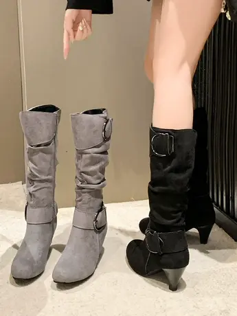 2023秋冬靴子新款欧美不过膝中靴绒面高跟马丁靴皮带扣中筒靴潮商品大图