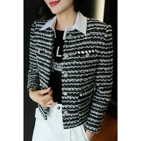 2023秋冬新款小香风精致编织拼接白领气质名媛高级感羊毛短外套商品大图