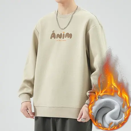 冬季加绒保暖潮牌印花长袖上衣服秋冬款冬装男士加厚抓绒圆领卫衣商品大图