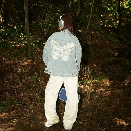 美式复古蝴蝶牛仔外套女春秋2023新款毛边宽松oversize夹克上衣潮商品大图