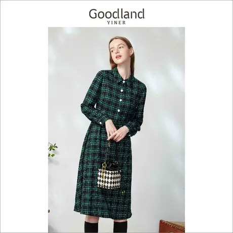 *Goodland美地女装2023春季衬衫领收腰大A摆英伦格纹连衣裙图片