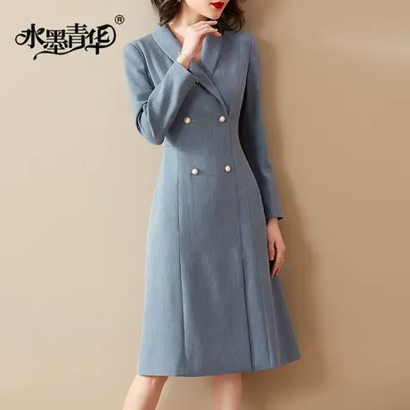 水墨青华春装新品通勤时尚百搭A字裙简约修身收腰长袖连衣裙商品大图