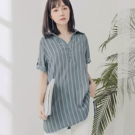 桔熊春夏季清新条纹雪纺衫宽松通勤衬衫领中长款上衣女大码AB9294图片