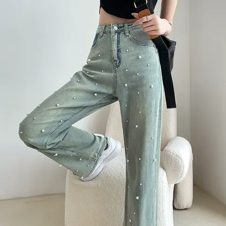设计感钉珠开叉窄版阔腿牛仔裤女2024年春秋新款宽松高腰拖地长裤商品大图
