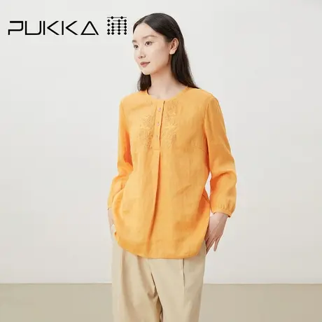 蒲PUKKA 2023春夏纯亚麻绣花圆弧领设计九分袖宽松休闲衬衫图片
