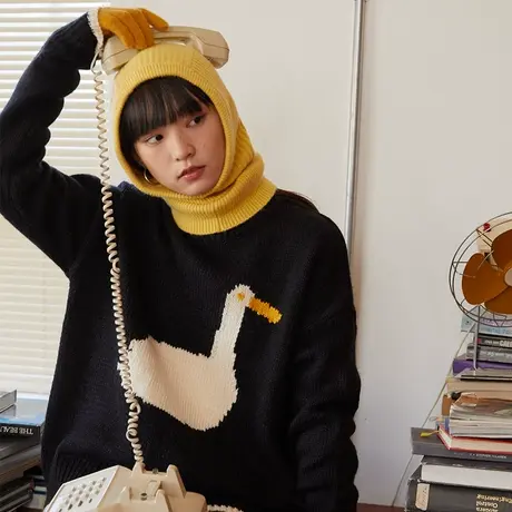 omont蛋挞家 复古粗针动物嵌花羊毛毛衣女冬季加厚宽松百搭打底衫图片