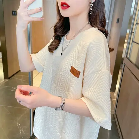 小众设计感短袖t恤女夏季韩版宽松大码女装中长款小个子提花上衣商品大图
