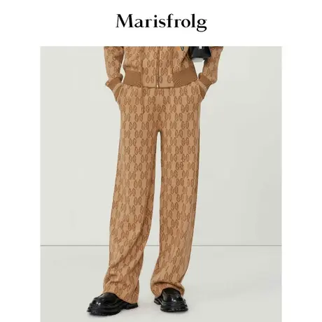 【羊毛针织裤】玛丝菲尔春季新款卡其色提花复古直筒休闲裤女图片