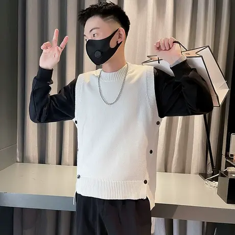 针织马甲男秋冬新款ins纯色个性不规则排扣拼接休闲打底毛衣背心商品大图