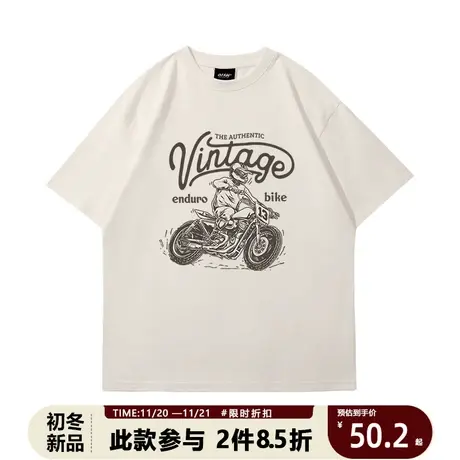 2023夏季新款短袖男t恤街头风美式复古涂鸦摩托欧美风宽松圆领tee商品大图