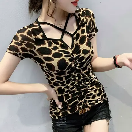 性感豹纹镂空T恤女短袖夏装2023新款小众心机上衣洋气网纱小衫潮商品大图