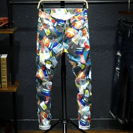 夏季款印花牛仔裤男修身小脚花裤子男士休闲学生款青年潮牌国风弹商品大图