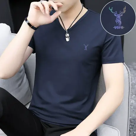 莫代尔短袖t恤男装V领夏季冰丝冰感上衣服潮流鹿头半袖打底衫体恤商品大图