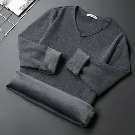 长袖t恤男装2024新款秋冬加绒加厚保暖内搭打底衫V领纯色秋衣小衫图片