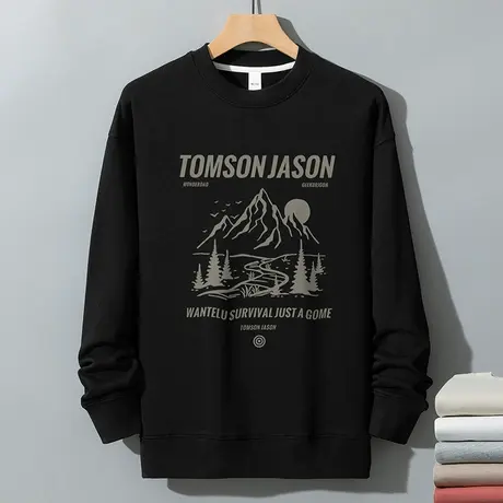 350g重磅黑色卫衣男2024新款加绒保暖圆领长袖t恤摇粒绒无帽上衣商品大图