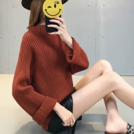 清仓！高领套头毛衣女喇叭袖慵懒宽松厚实秋冬装外套打底针织衫商品大图