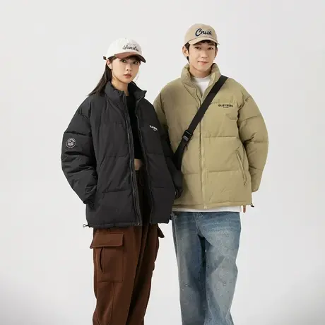 冬季潮牌纯色立领棉服女加厚外套2023新款情侣装保暖复古宽松棉衣商品大图