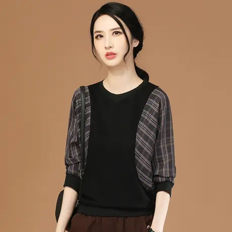 韩潮袭人圆领格子拼接蝙蝠袖套头卫衣女2024春季新款长袖t恤上衣图片