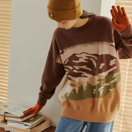 omont蛋挞家 复古提花圆领套头毛衣女宽松外穿针织衫上衣秋冬百搭商品大图