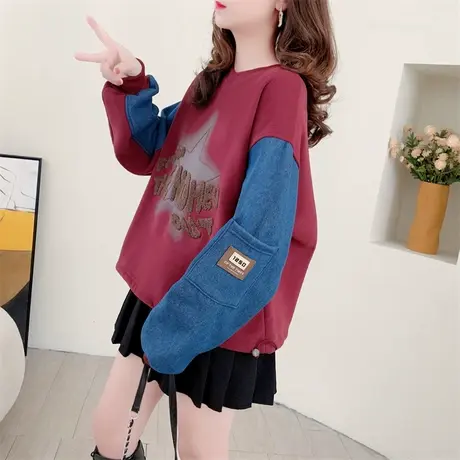 牛仔袖拼接加绒圆领卫衣女2023年冬季新款宽松时尚洋气设计感上衣商品大图